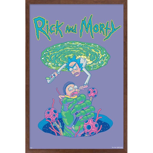 Rick And Morty - Portal Fall Wall Poster, 22.375" x 34" depicting Rick with blue spiky hair and a white lab coat emerging from a green swirling portal holding a futuristic gun, reaching to rescue Morty trapped in a large green alien hand with pink orb-like growths, set on a purple background with the Rick and Morty logo above. This glossy poster is ideal for decorating bedrooms, offices, or dorm rooms.