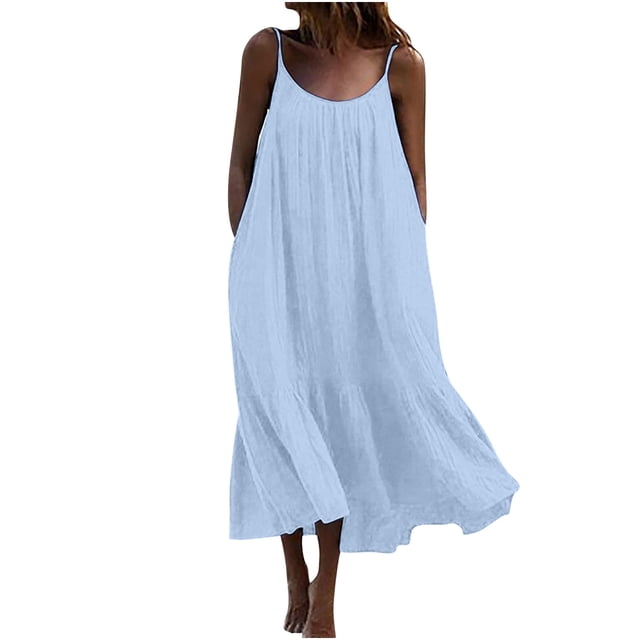 Robe Maxi pour Femmes Décontractée d'Été Sans Manches à Bretelles Spaghetti, Robe Soleil à Volants à Étages Fluide de Plage Boho Longue