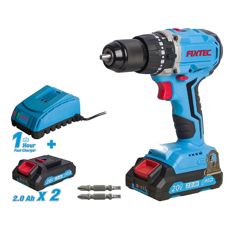 FIXTEC 20V Brushless Impact (Hammer) Drill with (2) Batteries, 1 hr Charger, Tool Set