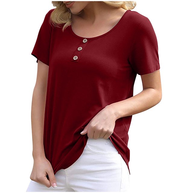 Birdeem Womens Casual Loose Solid Color Crewneck Short Sleeve Button T-Shirt Tops