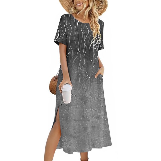 Ovzne Robes Grande Taille pour Femmes aux Formes Robe pour Femme Robe Décontractée d'Été pour Femme Robe de Printemps à Manches Courtes avec Poches Robe de Plage Évasée Robe Décontractée Robe Maxi Grande Taille à Manches Courtes P