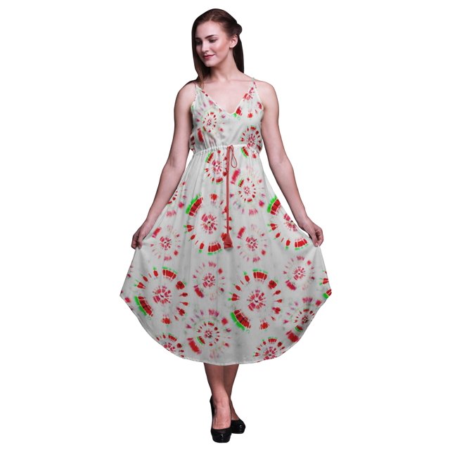 Bimba Robe Midi de Plage Imprimée Teinture sur Nœuds pour Femmes, à Bretelles, Tenue d'Été-TTTG