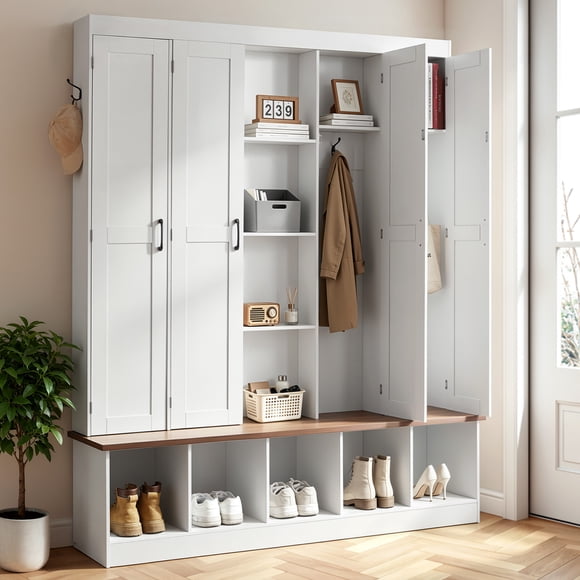 VEVOR Hall Tree with Bench and Shoe Storage, 63" Wide, 4-in-1 Entryway Hall Tree with Bench, Hanging Hooks, Storage Cabinet, and Shoe Cabinet, Wooden Furniture for Mudroom, White