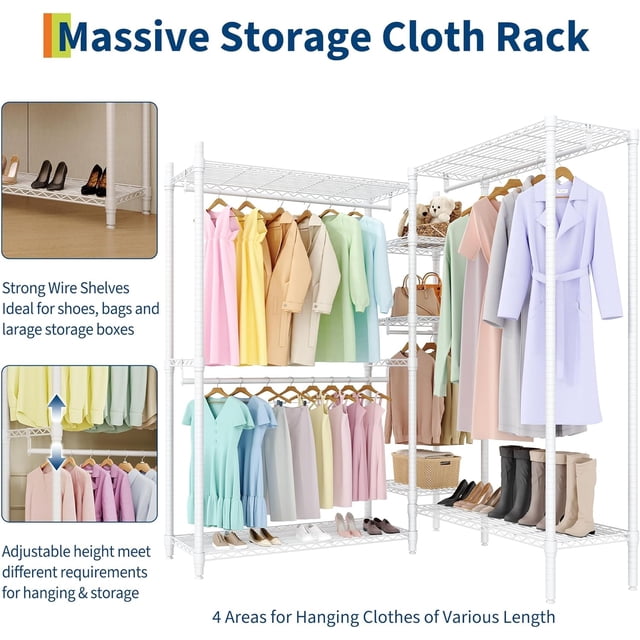 EDTara Metal Garment Rack Closet System, Heavy Duty Freestanding Organizer With Adjustable Hanging Rods and Storage Shelves