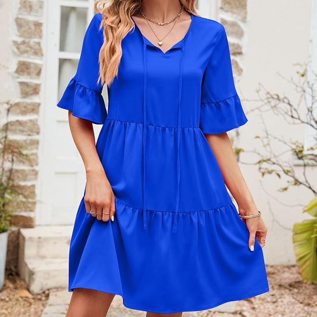 Robes pour Femmes 2024 Été Ample Décontractée Col en V devant Jupe Lacée Taille Haute Robe Ample Manches Courtes Col en V Longueur Genou 50 % de Rabais Liquidation!
