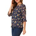 thumbnail image 4 of INSPIRE CHIC Women's Tops 3/4 Sleeves Ruffle Hem Floral Chiffon Shirt Blouses XS Navy, 4 of 7