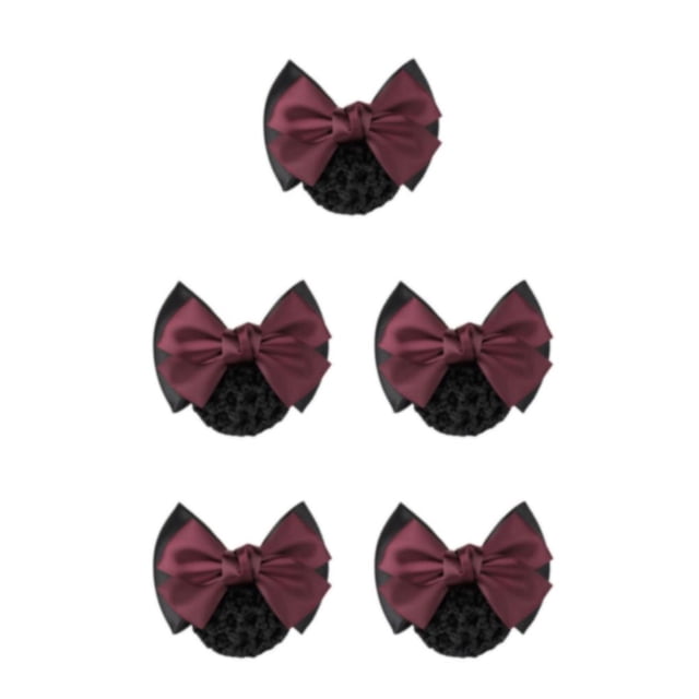 Decodeary Professional Hair Plate Mesh Pocket Practical Snood Net Elegant And Professional Two Bows-wine red 5Set