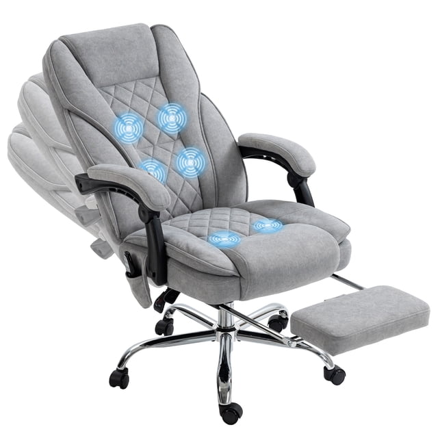 Vinsetto Massage Chaise de Bureau Grise avec Conception Inclinable et six points de Massage par vibration. Comprend un angle d'Inclinaison de 135°, un Repose-Pieds Extensible et un Dossier Courbé avec un Rembourrage Épais pour le Soutien. Fabriquée en Tissu Effet Velours et Équipée d'Une Télécommande Filaire pour les Réglages de Massage. la Chaise a une Hauteur de Siège Réglable, des Roulettes en PU à Roulement Fluide et une Capacité de Poids de 264 Lb. Convient pour une Utilisation comme Chaise de Jeu Ou Chaise de Direction.