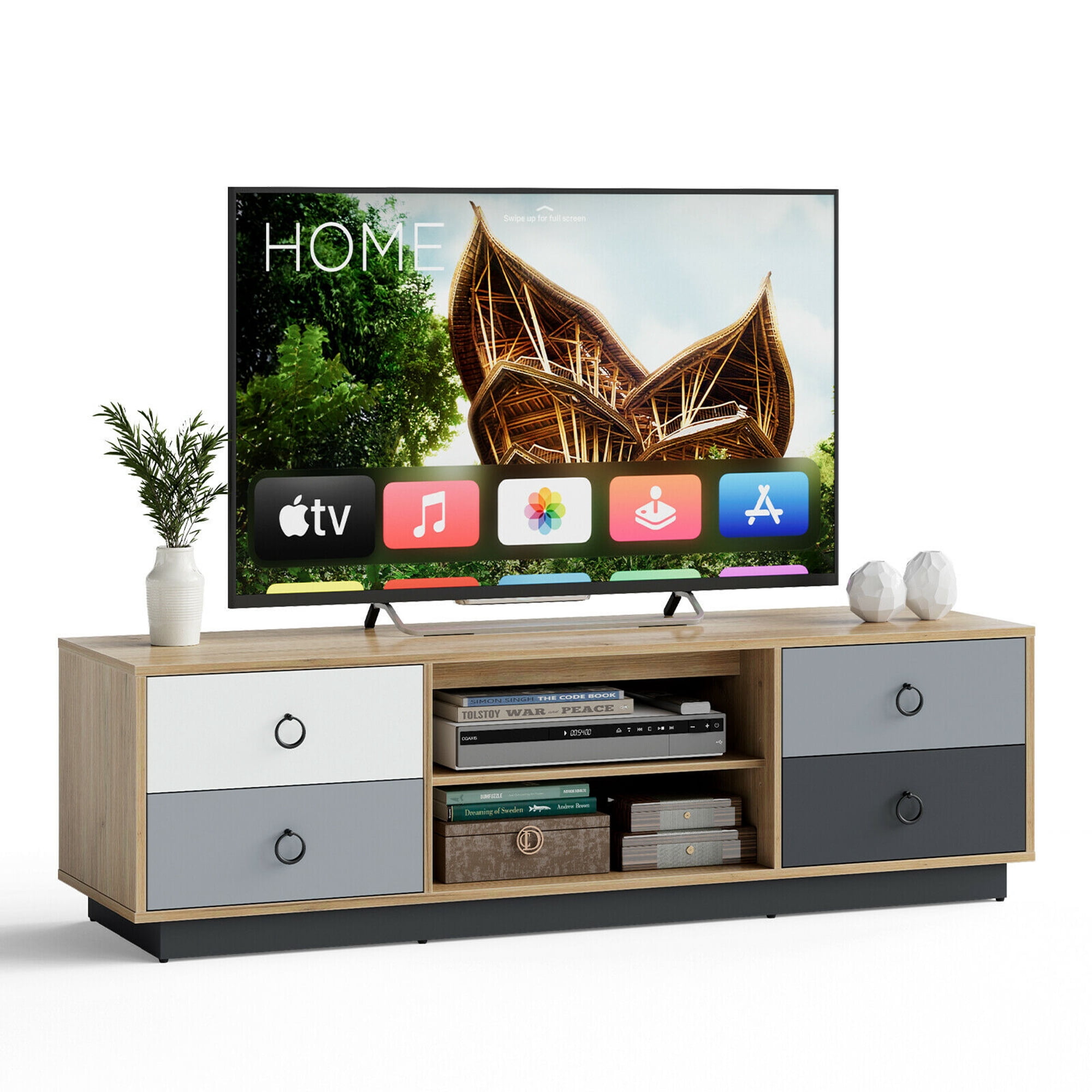 Gymax Meuble TV de 55 po Centre de divertissement avec armoires de rangement et étagères ajustables