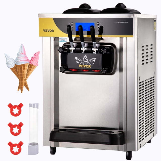 VEVOR Commercial Ice Cream Maker, a stainless steel countertop soft serve machine with dual 6L hoppers, a 2L freezing cylinder, and an LCD control panel. Features three dispensing nozzles for single and mixed flavors, cone holder, and accessories. Suitable for restaurants, snack bars, and frozen yogurt shops.