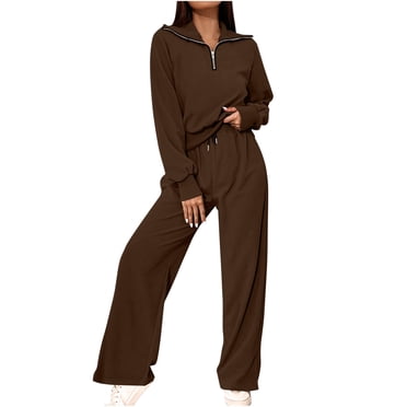 Pisexur Ensemble de Survêtement pour Femmes, Mode Décontractée, Couleur Unie, Ensemble de Détente, Tenue Deux Pièces pour Femmes, Manches Longues, Col à Revers, Chandails à Fermeture Éclair 1/4, Pantalons à Cordon, Survêtements, Tenues de Vacances