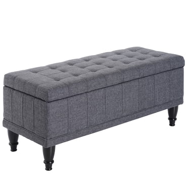 HOMCOM Storage Bench Tufted Linen Ottoman Footstool with Soft Close Lid