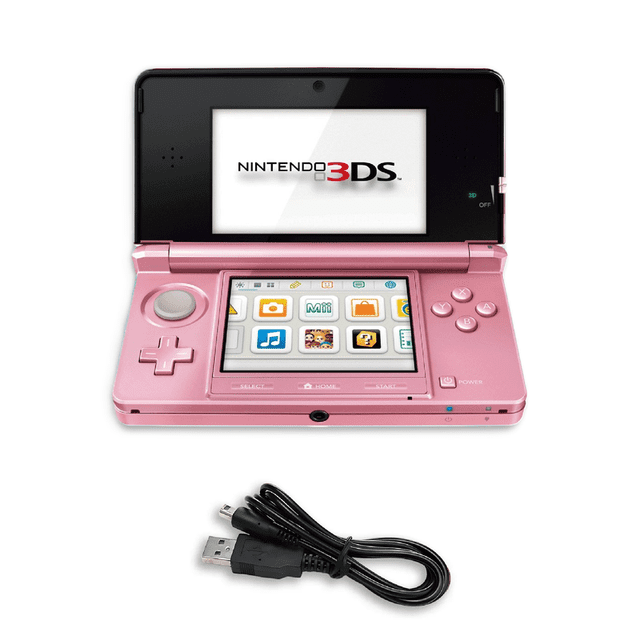 Nintendo 3DS Handheld Game Console, Pearl Pink - Refurbished Dual-Screen Portable Video Game System Refurbished pearl-pink clamshell handheld open at a 45-degree angle showing the top 3D display and lower touch screen with D-pad, A/B/X/Y buttons, shoulder buttons and stylus slot; matte pearl finish with minor surface wear and visible Nintendo logo. Often used as a travel-friendly retro gaming companion.