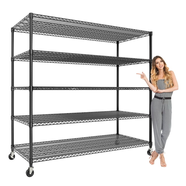 Commercial Heavy Duty Metal Wire Shelving Unit with Wheels – 5 Adjustable Tiers – 3300 lbs Capacity – Food Service Storage Rack for Industrial, Garage, Kitchen Use – 82.6"H x 59"W