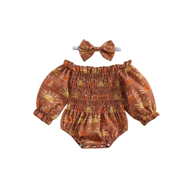 Faithtur Infant Baby Girl Spring Jumpsuit Set Cartoon Sun Print Off Shoulder Long Sleeve Romper + Bow Headband