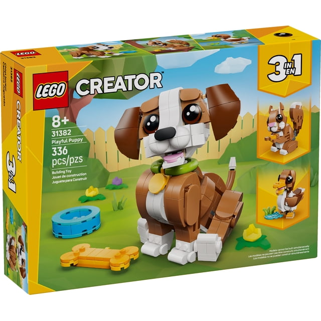 LEGO Creator 3 in 1 Cute Animals Playful Puppy Dog building toy for kids 8+ featuring a brown and white posable puppy with a green collar, yellow tag, toy bone, and blue water bowl, plus alternate squirrel and duck models, ideal for imaginative play and display.