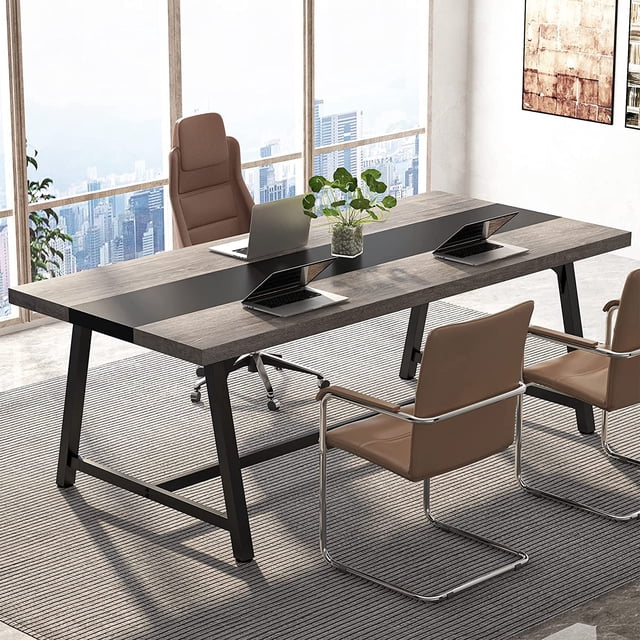 Vintage Wooden Conference Table, 6FT Rectangle Office Executive Desk with Strong Metal Frame for 6 People