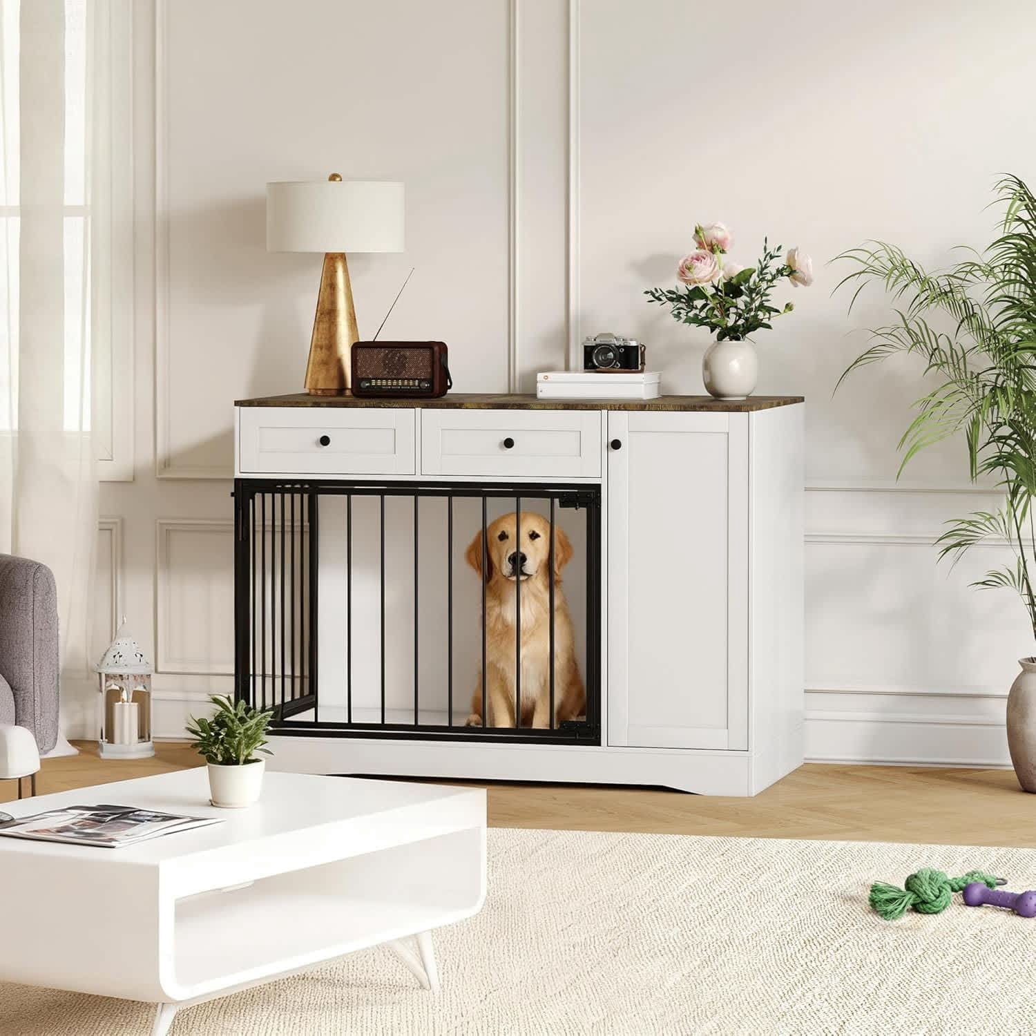 Bingirl Table d'Appoint Cage pour Chien de 47 Pouces : Comprend 2 Tiroirs et un Espace de Rangement, Convient aux Petits et Moyens Chiens