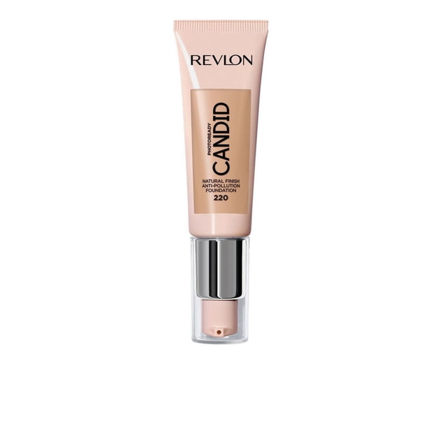 Revlon PhotoReady Candid Natural Finish, Anti-Pollution Foundation in shade 220, presented in a soft pink tube with a clear pump dispenser and silver collar, offering a creamy, moisturizer-like texture that blends invisibly for medium, buildable coverage with anti-oxidants and anti-blue light ingredients, suitable for even skin tone and daily use.