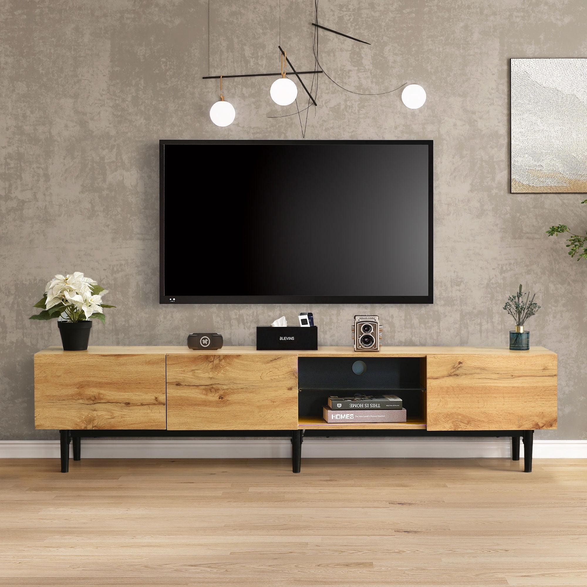 Noble House Meuble TV Moderne 69 Pouces, Console Multimédia LED Ajustable en Bois avec 3 Armoires, Grand Rangement, Naturel