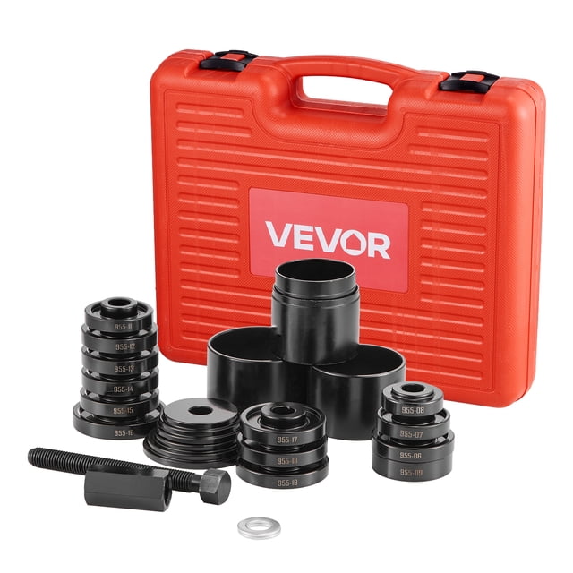 Trousse de Presse pour Roulements de Roue VEVOR, 23 Pcs d'Outils de Tirage de Roulements FWD, pour le Retrait et l'Installation de Roulements d'Entraînement de Roue avant, Outil pour Roulements de Roue avec Vis Coulissante, Bagues, Plaques de Manchon, Boîtier de Rangement. Vue Orientée vers l'Avant d'Un Boîtier de Rangement en Plastique Imperméable Ouvert Organisant l'Ensemble de 23 Pcs : Treize Bagues en Acier pour 2,2 Po–3,5 Po, Quatre Manchons, Deux Plaques de Manchon