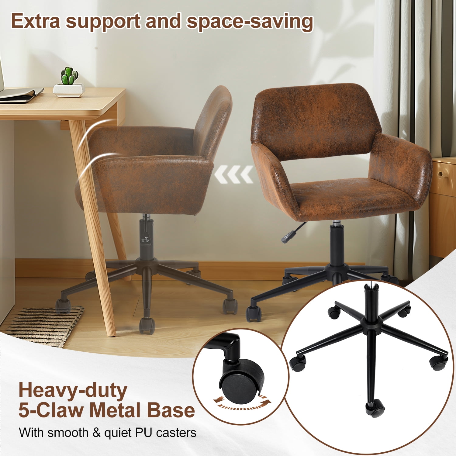 Homy Casa Compact Home Office Chair, Brown Faux Suede Desk Chair with 360° Swivel, Adjustable Height and Rolling Base