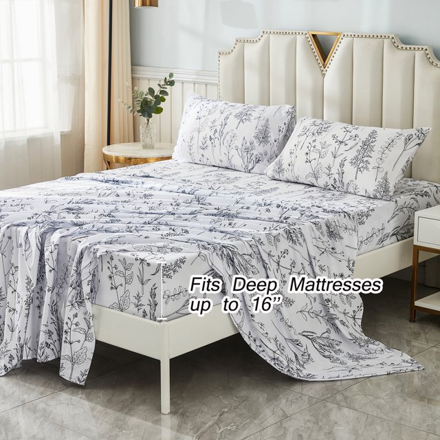 Move Over 4 pcs White Black Plants Sheet Set King Country Style Fitted Sheet Black Plants Pattern All Around Elastics Deep Pocket Sheet