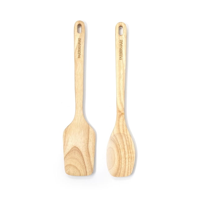 Farberware Ensemble de Cuillère et Spatule en Bois avec Deux Ustensiles de Cuisine en Bois Naturel, un Spatule Plat et une Cuillère Arrondie, Chacun avec un long Manche avec Trou de Suspension, Sécuritaire pour Toutes les Batteries de Cuisine, Y Compris les surfaces Antiadhésives, Idéal pour Retourner, Lancer et Servir des Aliments.