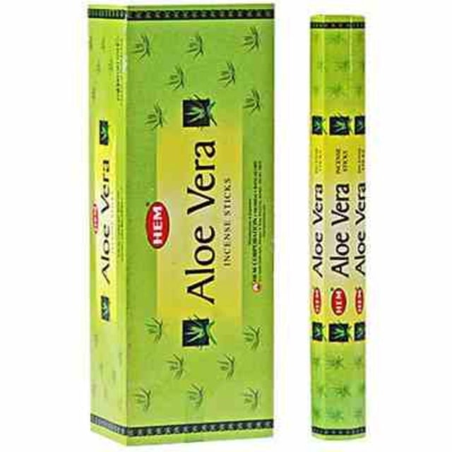 Hem Incense (20 Stick) - Aloe Vera - Set of 6 with green rectangular boxes and slim packs featuring aloe vera leaf patterns and red Hem logo, designed for home fragrance to create a calm, positive atmosphere.
