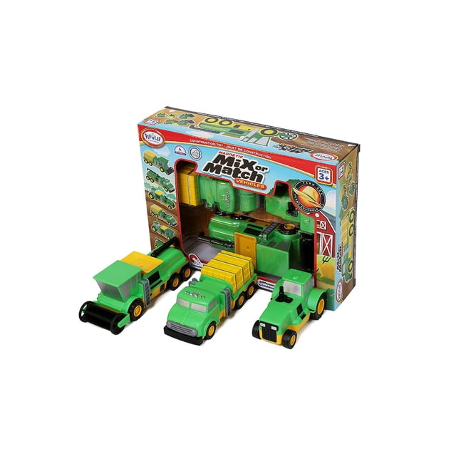 Popular Playthings - Ensemble de Véhicules de Ferme à Mélanger Ou à Assortir (Bilingue) Comprenant Trois Véhicules de Ferme Magnétiques, Verts et Jaunes : une Moissonneuse-Batteuse, un Tracteur et un Camion-Foin. les Véhicules Sont Exposés à l'Extérieur de Leur Emballage, Ce Qui Met en Valeur les Pièces Interchangeables et l'Étiquetage Bilingue. Convient aux 3 Ans et Plus.