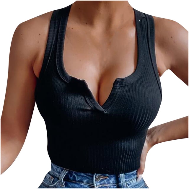 Timegard Womens Tank Tops Summer V Neck Slim Basic Tee Solid Color Casual Sleeveless Top Cami Shirts