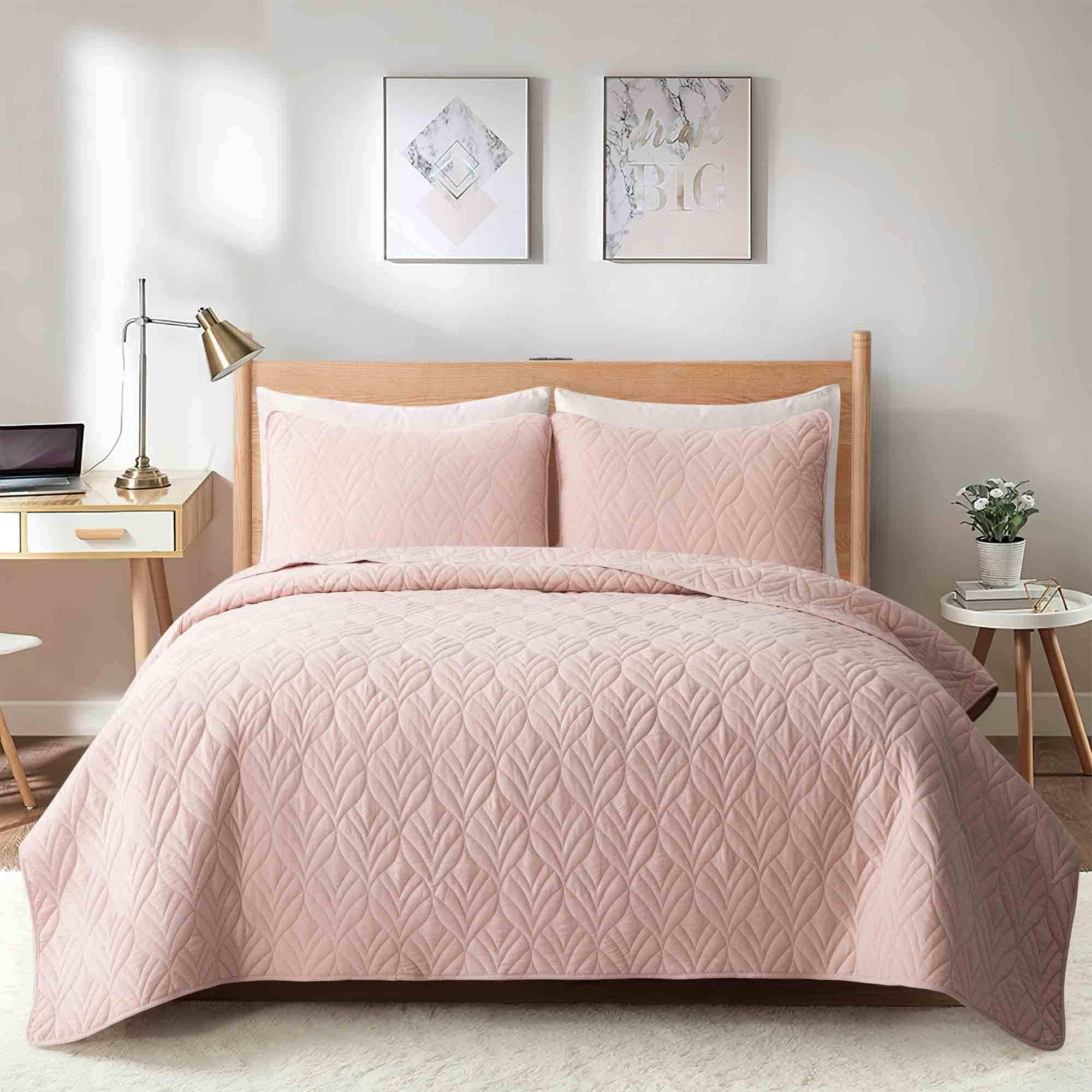 Peace Nest Ensemble de Couvre-Lit Réversible à Motif Damassé de Qualité Supérieure en Microfibre 100 % Douce, Rose, Très Grand Lit
