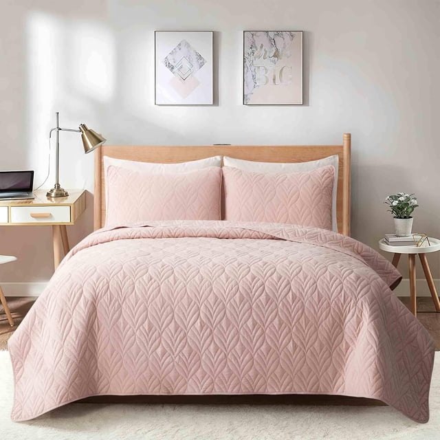 Peace Nest Premium Damask Pattern Reversible Coverlet Set 100% Soft Microfiber Fabric, Pink, King Size