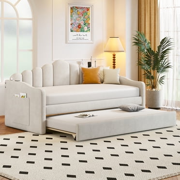 MODERNLUXE Lit de Jour Format Simple avec Tiroir-Lit, Cadre de Lit de Jour Rembourré en Velours avec Ports de Recharge USB et Poche Latérale, Lattes de Bois, Aucun Sommier Requis, Blanc
