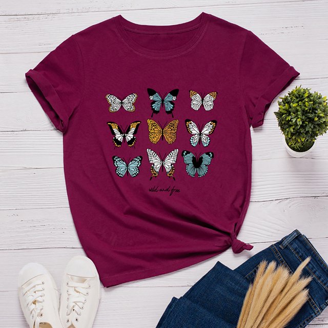 SMihono Hauts pour Femmes Été Décontracté Mode Féminine Décontracté Ample Imprimé Papillon Col Rond T-Shirt Grande Taille
