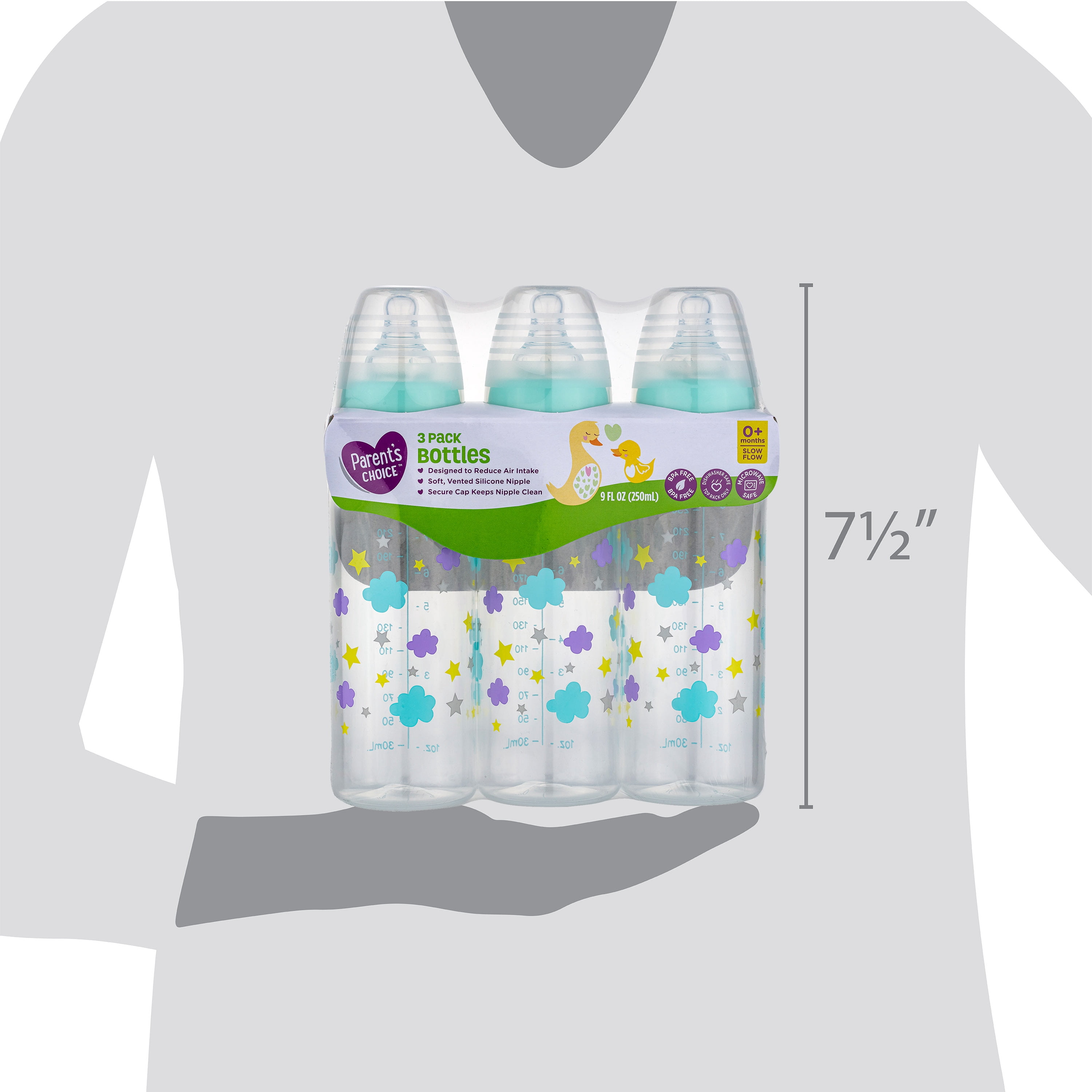 Parent's Choice Baby Bottle, Newborns, Unisex, Cloud Print, 3x9oz Bottles
