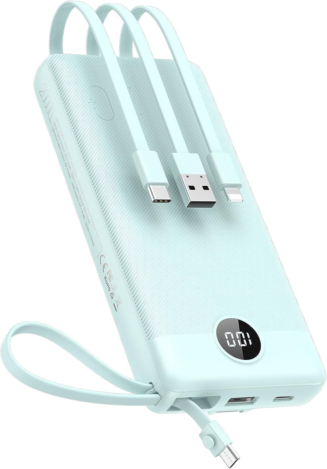 Power Bank with Built in Cables, 20000mAh Huge Capacity Portable Charger with 5 Output and LED Display,