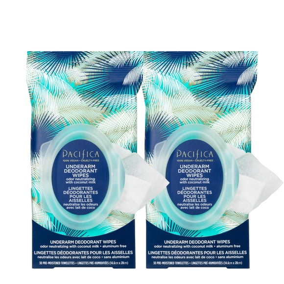 Pacifica Beauty Coconut Milk & Essential Oils Underarm Deodorant Wipes 30 Count (Pack of 2) Remove Odor On-The-Go Aluminum Free Travel Friendly Fresh Coconut Scent 100% Vegan and Cruelty Free