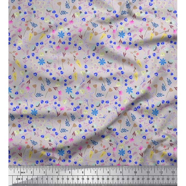 Soimoi Gray Poly Georgette Fabric Leaves,Insect & Floral Artistic Print Fabric by The Yard 52 Inch Wide