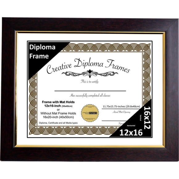 Creative Picture Frames 12x16 Mahogany Diploma Frame with Gold Rim Including White Mat Glass and Installed Wall Hangers | Frame Holds 16x20 Media without Mat