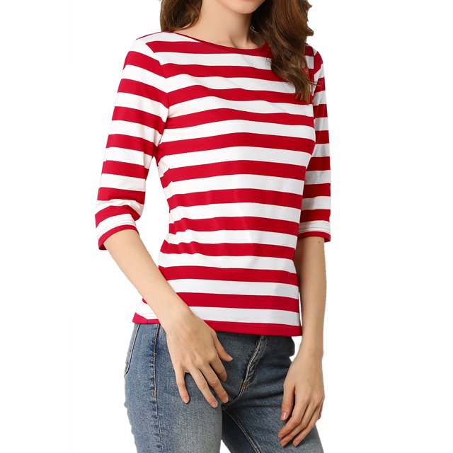 INSPIRE CHIC Hauts pour Femmes Non Doublés Col Rond Manches au Coude Coupe Ajustée T-Shirt Décontracté TP Rouge Blanc