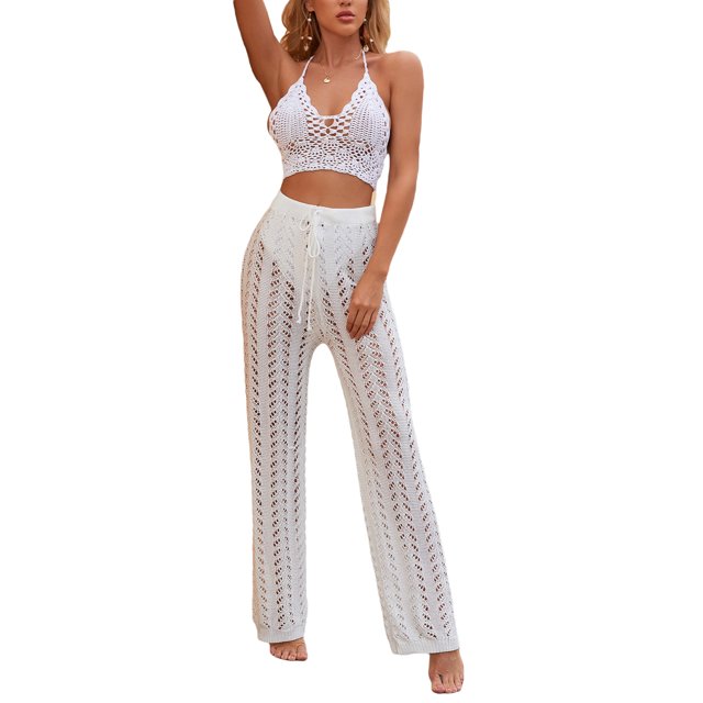 FOCUSNORM Women Hollow Out Pants Solid Color Elastic High Waist Trousers