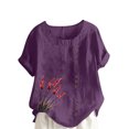 thumbnail image 1 of Pisexur Hauts pour Femmes Décontractés en Lin Col Rond Grande Taille Imprimé Manches Courtes T-shirt Blouse, Hauts d'Été pour Femmes Violet,G, 1 of 5
