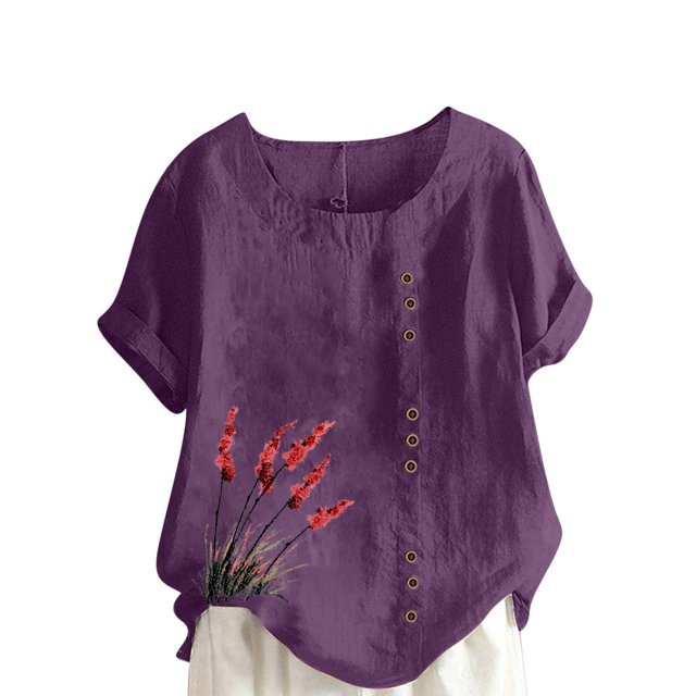 Pisexur Hauts pour Femmes Décontractés en Lin Col Rond Grande Taille Imprimé Manches Courtes T-shirt Blouse, Hauts d'Été pour Femmes Violet,G