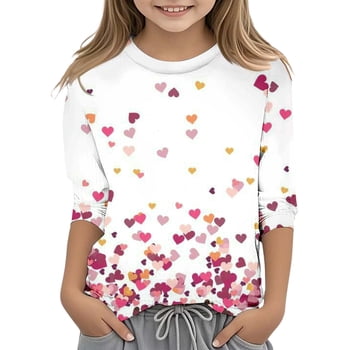PMVFHDE Girls Tube Tops Girls Tshirts Girls Trendy Tops Girls Summer Tops Tops for Girl Trendy Girls' Valentine's Day Print Functional Crew Neck 3/4 Quarter Sleeve T Shirt Top White,11-12 Years