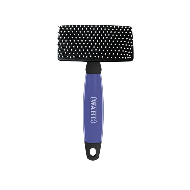 Wahl Dog Nylon Slicker Brush - Large ergonomic comfort grip gel handle grooming tool with dense nylon pins and rounded tips; rectangular pad removes loose hair and light knots while stimulating natural undercoat oils; suitable for all coats, easy to clean; often used to remove pet hair from upholstery and fabric.