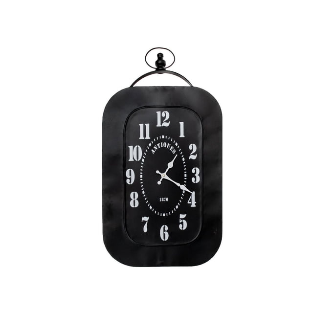 Zedd Horloge Rectangulaire en Métal avec Cadre en Métal Noir et Coins Arrondis, Présentant de Grands Chiffres Blancs de Style Vintage sur un Cadran Noir. le Cadran de l'Horloge Montre « Antique » et « 1870 » au Centre avec Aiguilles Blanches des Heures et des Minutes. Cette Horloge Murale Rectangulaire Comprend une Poignée en Boucle Décorative sur le Dessus, Idéale pour la Déco de la Maison Ou l'Affichage Mural au Bureau.