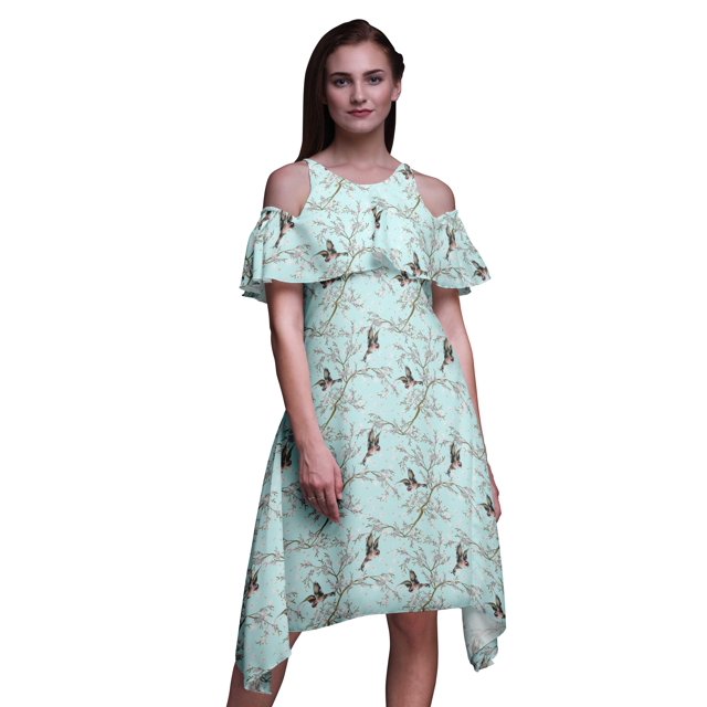 Bimba Blue Bird Print Cold Shoulder Women Swing Tunic Flutter Sleeve Midi Dress - X-Large