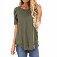 thumbnail image 3 of Women T-shirt Solid Color Stitching Solid Color Top Asymmetrical Hem Blouse, Khaki, XL, 3 of 6