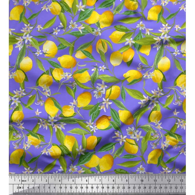Soimoi Polyester Crepe Fabric Leaves,Floral & Lemon Vegetable Print Sewing Fabric Yard 52 Inch Wide